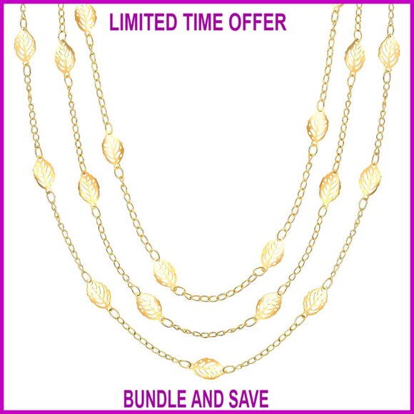 18K Gold Plated Layered Leaf Necklace Adjustable 16-20 Inch Chain